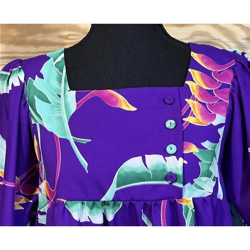 Vtg Hilo Hattie Hawaiian Tropical Floral Mumu Puff Sleeve Midi Dress Purple M - Picture 4 of 10